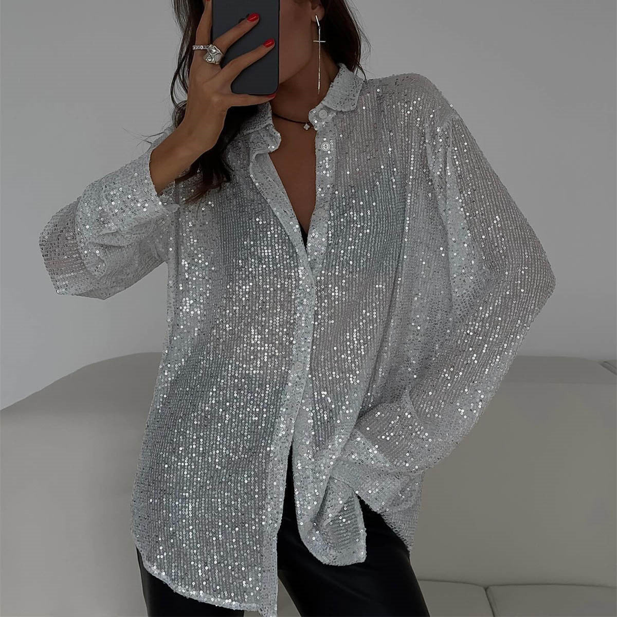 Sequin Lapel Long Sleeve