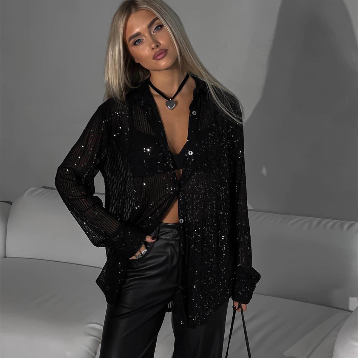 Sequin Lapel Long Sleeve